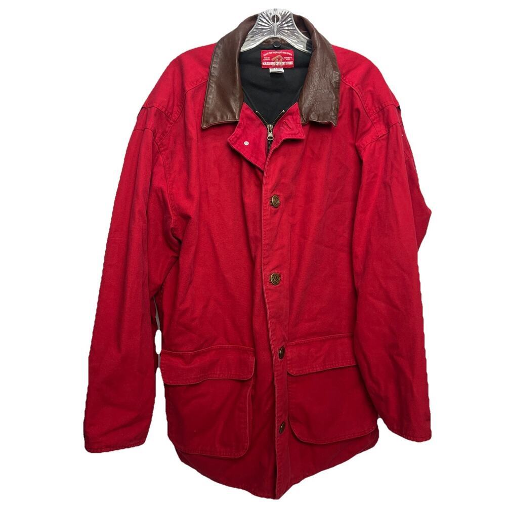 VINTAGE Marlboro Country Store Jacket Mens L Red Leather Collar Barn Chore 90s